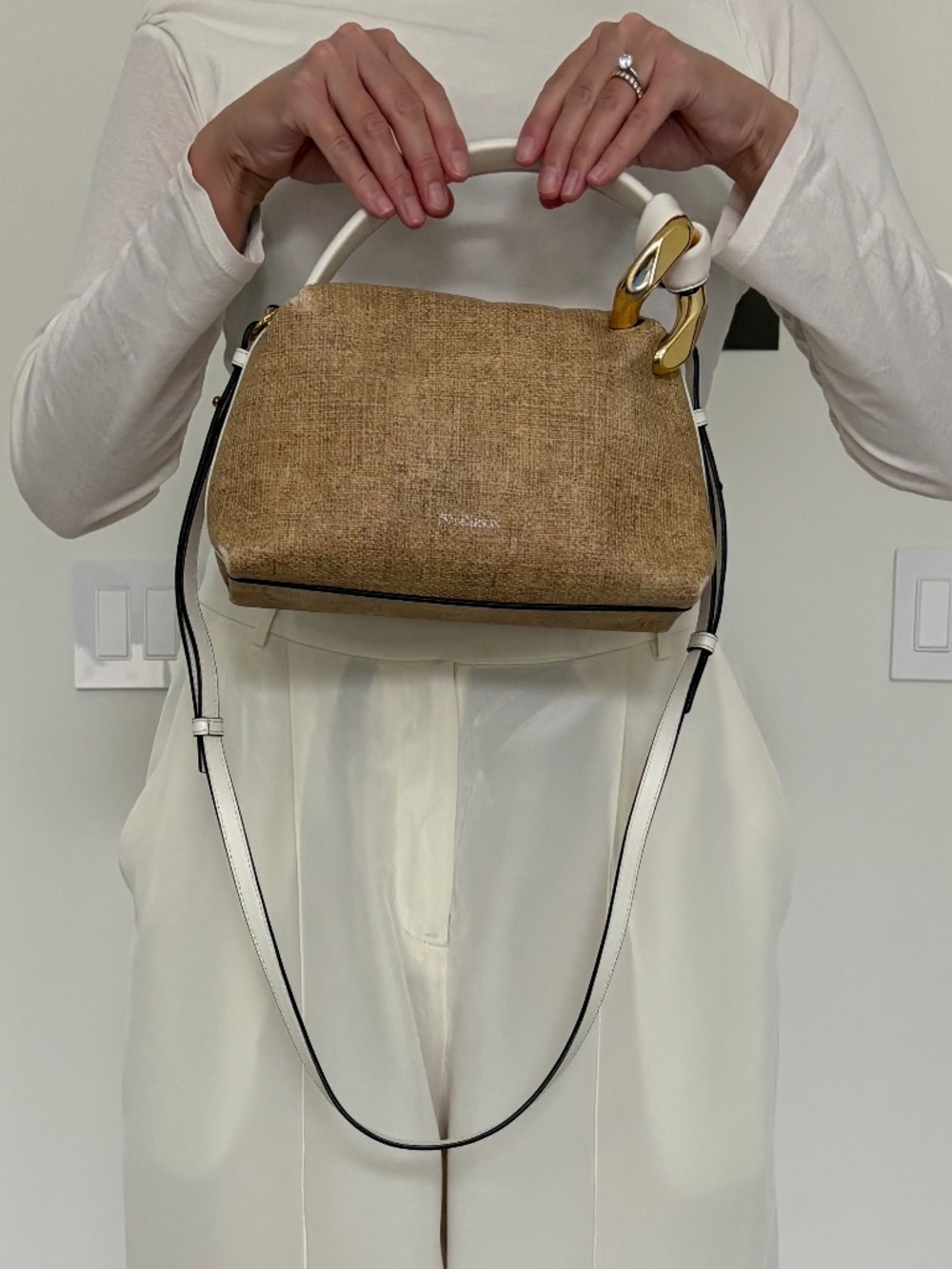 JW Anderson Small Corner Jute-Print Leather Bag Sand